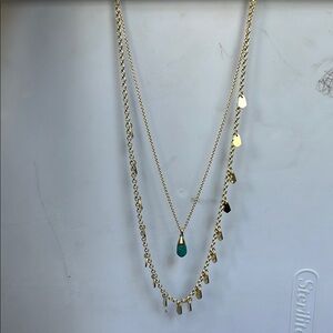 Gold Layered Necklace with Green Pendant - adjustable length